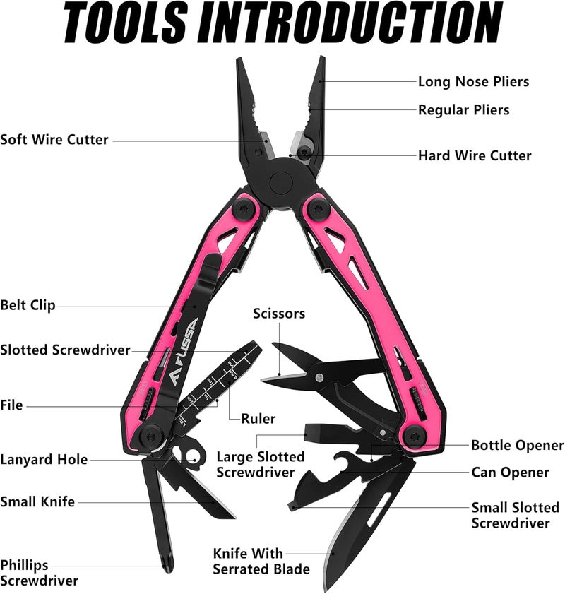 FLISSA 16-in-1 Pink Multi Tool Pliers, Gifts for Men, Stainless Steel EDC Multitool with Pocket Knife, Belt Clip and Oxford Pouch, for Camping Survival Outdoor Activities - Image 3